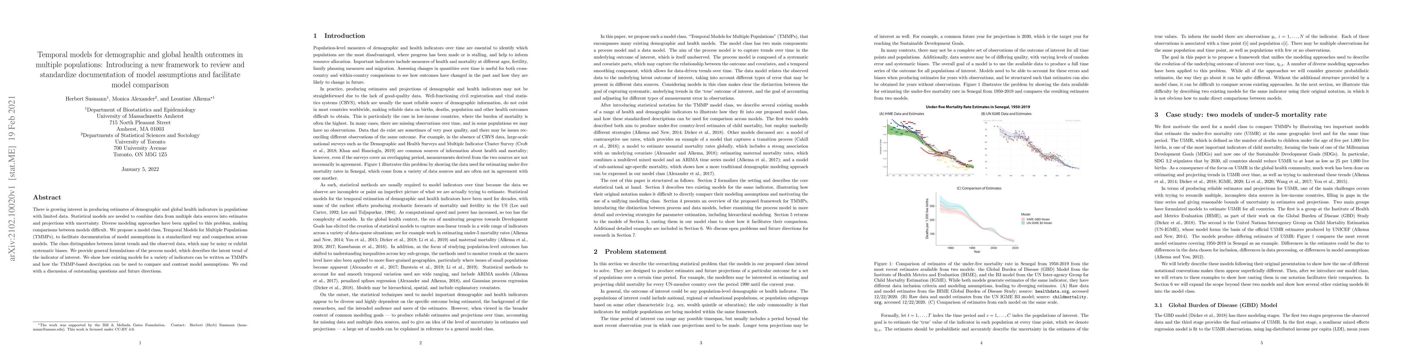 Thumbnail for Temporal models for demographic and global health outcomes in multiple
  populations: Introducing a new framework to review and standardize
  documentation of model assumptions and facilitate model comparison