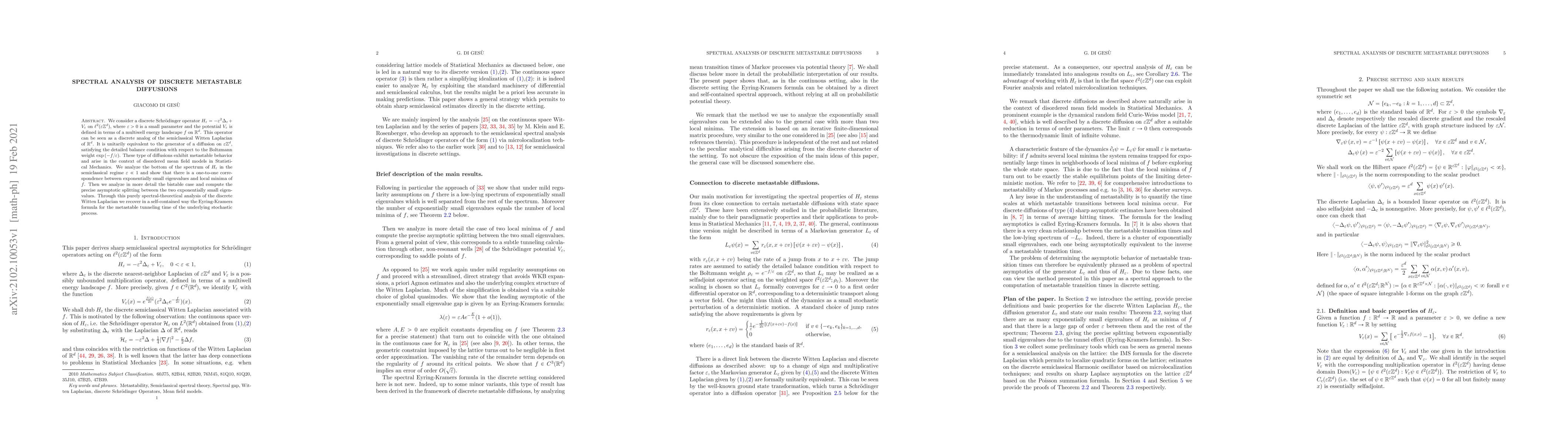 Thumbnail for Spectral Analysis of Discrete Metastable Diffusions