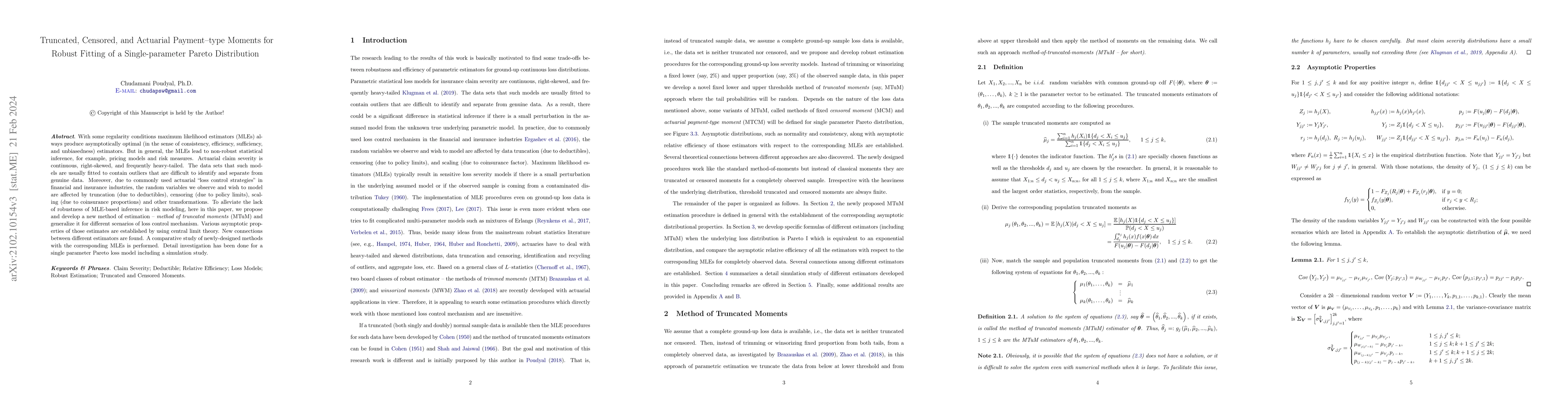 Thumbnail for Truncated, Censored, and Actuarial Payment-type Moments for Robust
  Fitting of a Single-parameter Pareto Distribution
