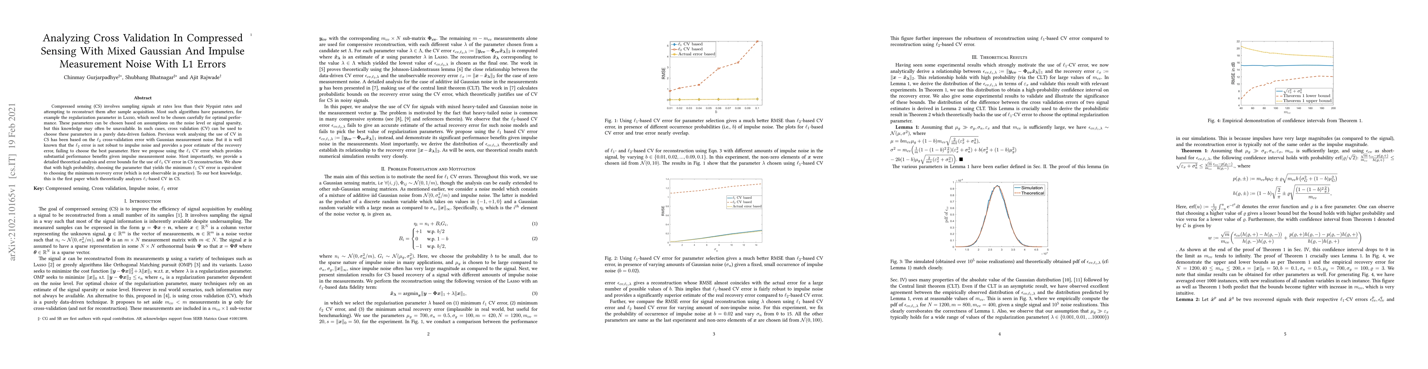 Thumbnail for Analyzing Cross Validation In Compressed Sensing With Mixed Gaussian And
  Impulse Measurement Noise With L1 Errors