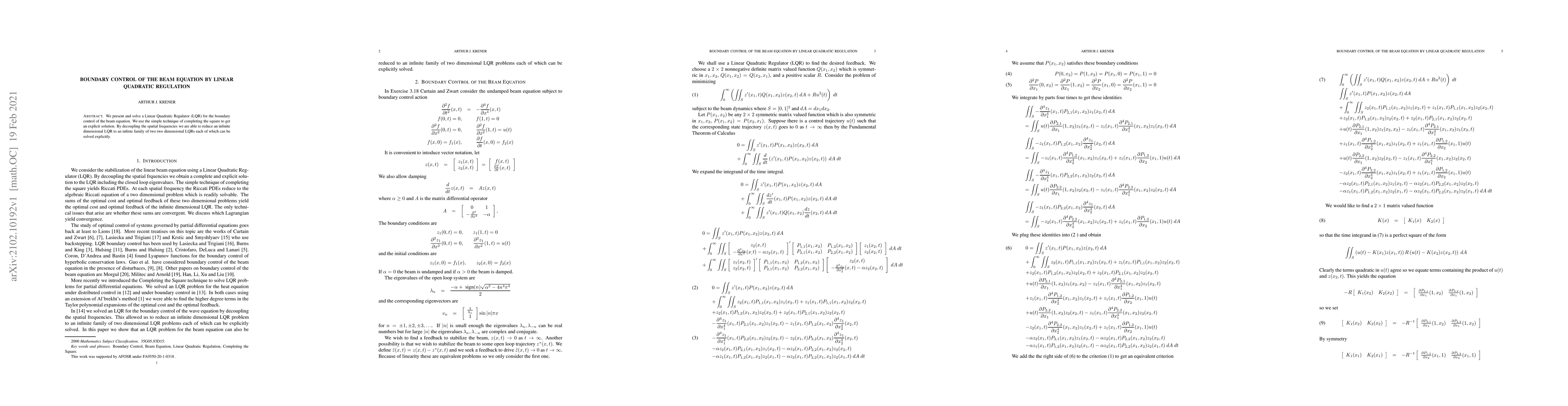Thumbnail for Boundary Control of the Beam Equation by Linear Quadratic Regulation