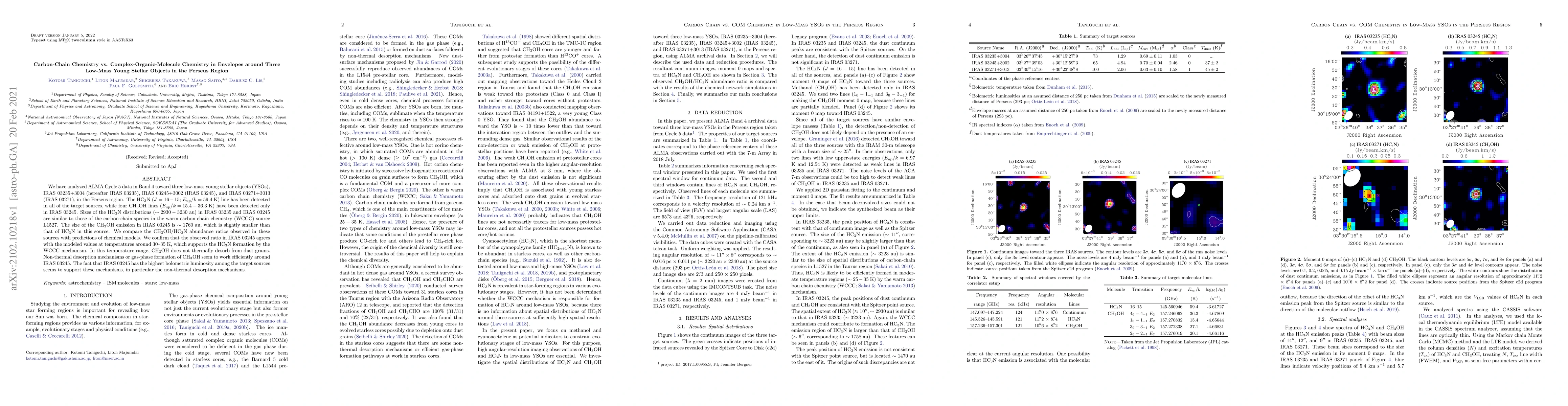 Thumbnail for Carbon-Chain Chemistry vs. Complex-Organic-Molecule Chemistry in
  Envelopes around Three Low-Mass Young Stellar Objects in the Perseus Region