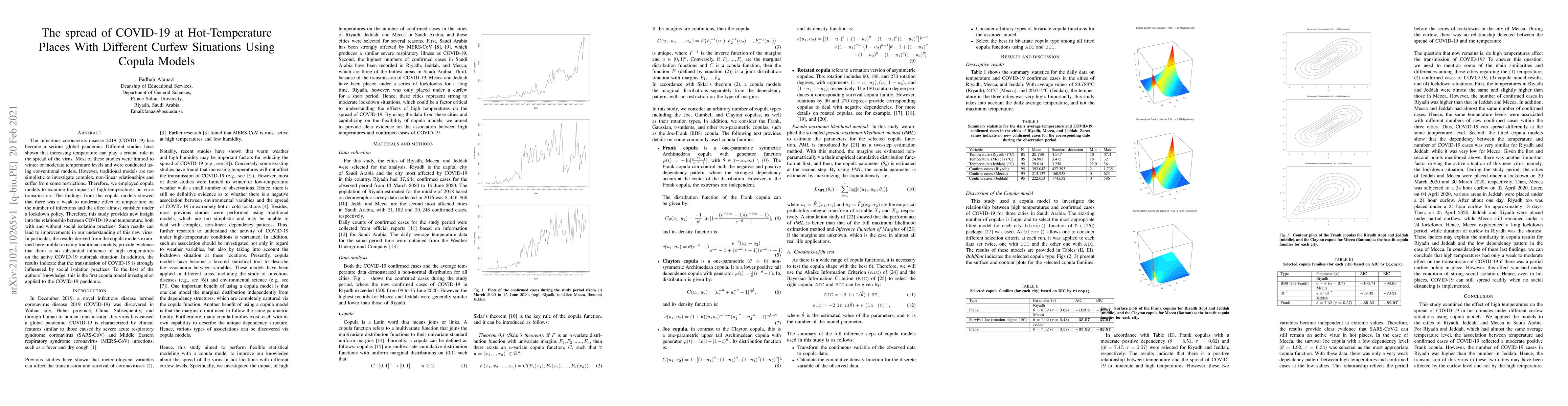 Thumbnail for The spread of COVID-19 at Hot-Temperature Places With Different Curfew
  Situations Using Copula Models
