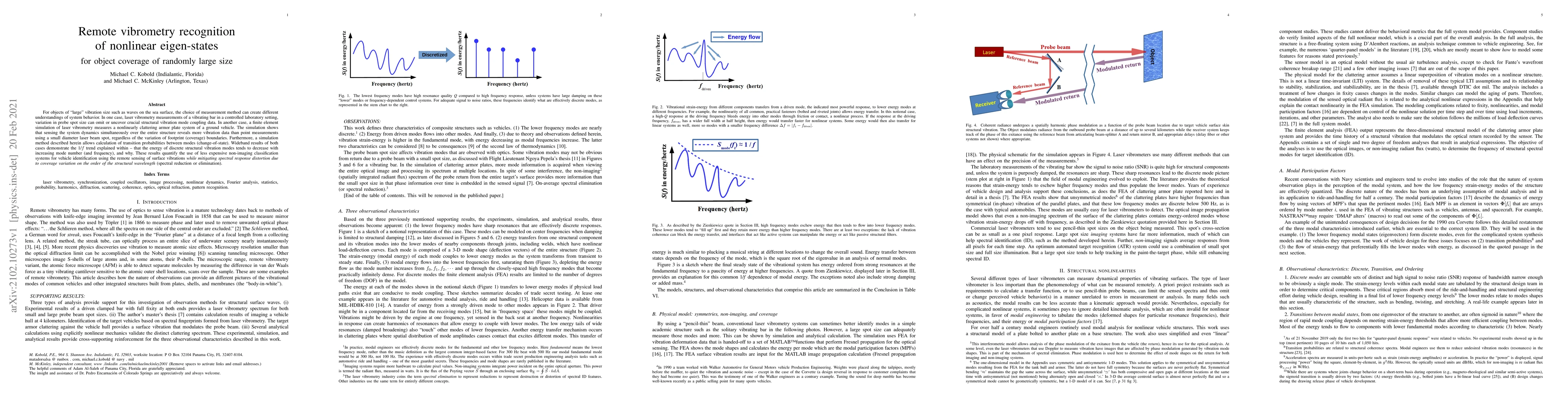 Thumbnail for Remote vibrometry recognition of nonlinear eigen-states for object
  coverage of randomly large size