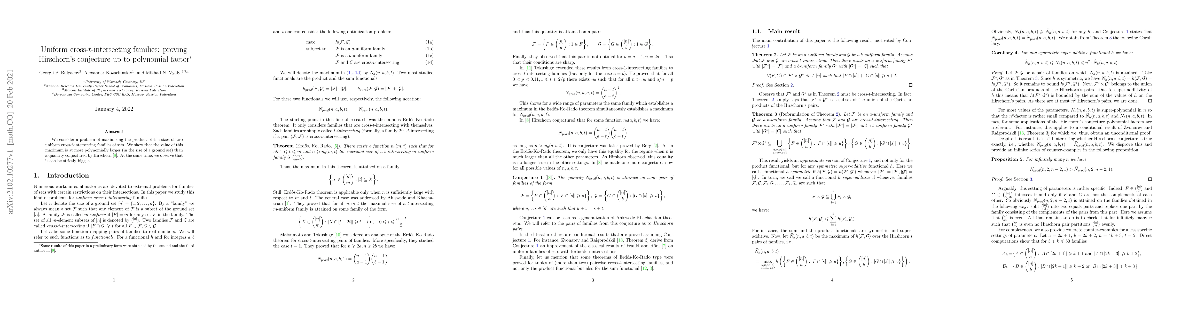 Thumbnail for Uniform cross-$t$-intersecting families: proving Hirschorn's conjecture
  up to polynomial factor