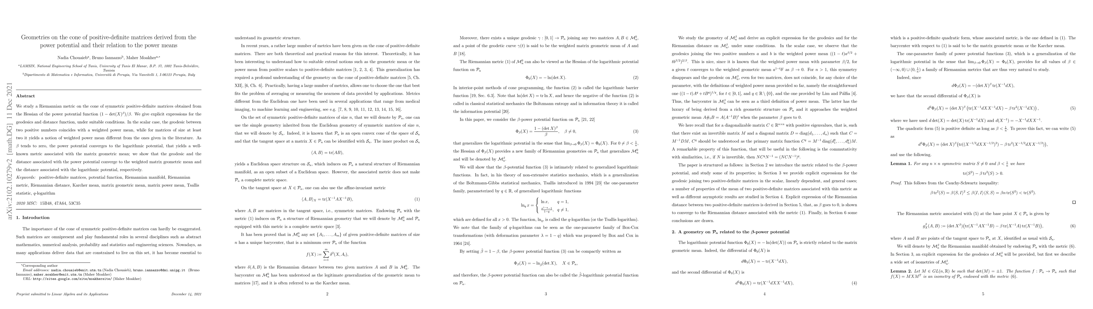 Thumbnail for Geometries on the cone of positive-definite matrices derived from the
  power potential and their relation to the power means