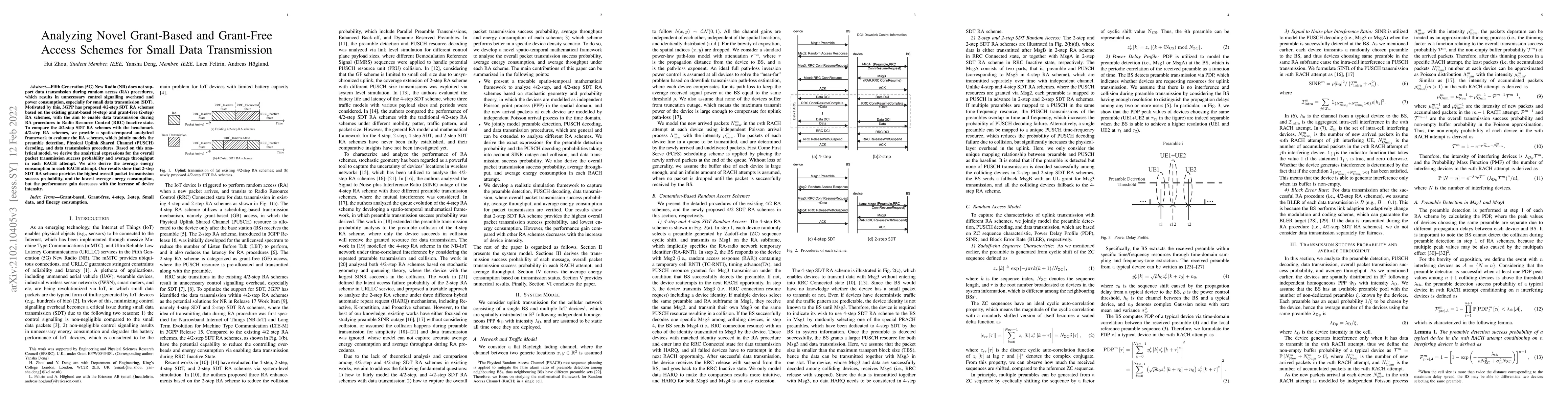 Thumbnail for Analyzing Novel Grant-Based and Grant-Free Access Schemes for Small Data
  Transmission