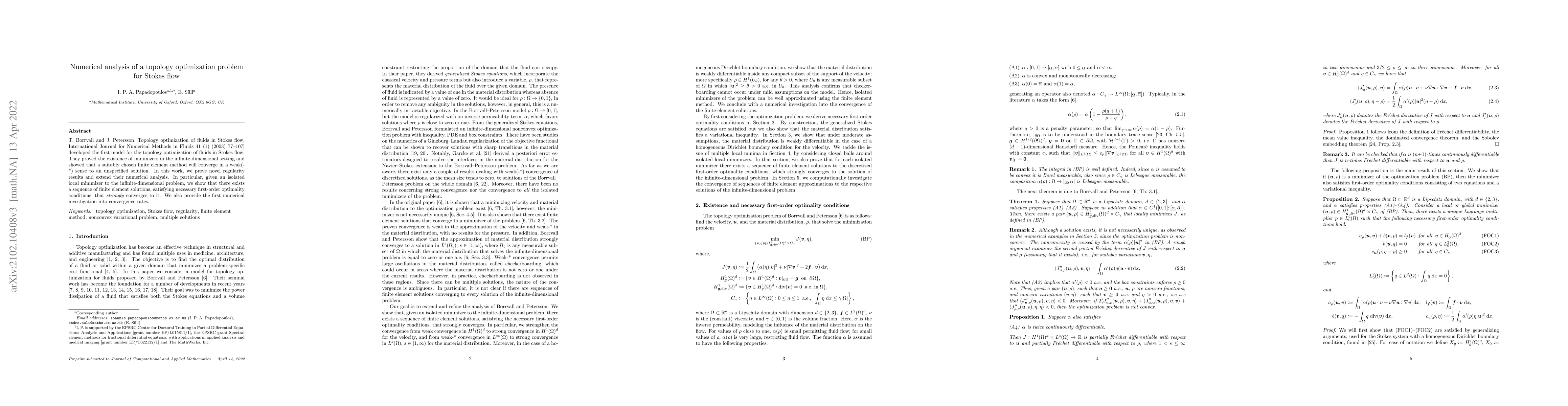 Thumbnail for Numerical analysis of a topology optimization problem for Stokes flow