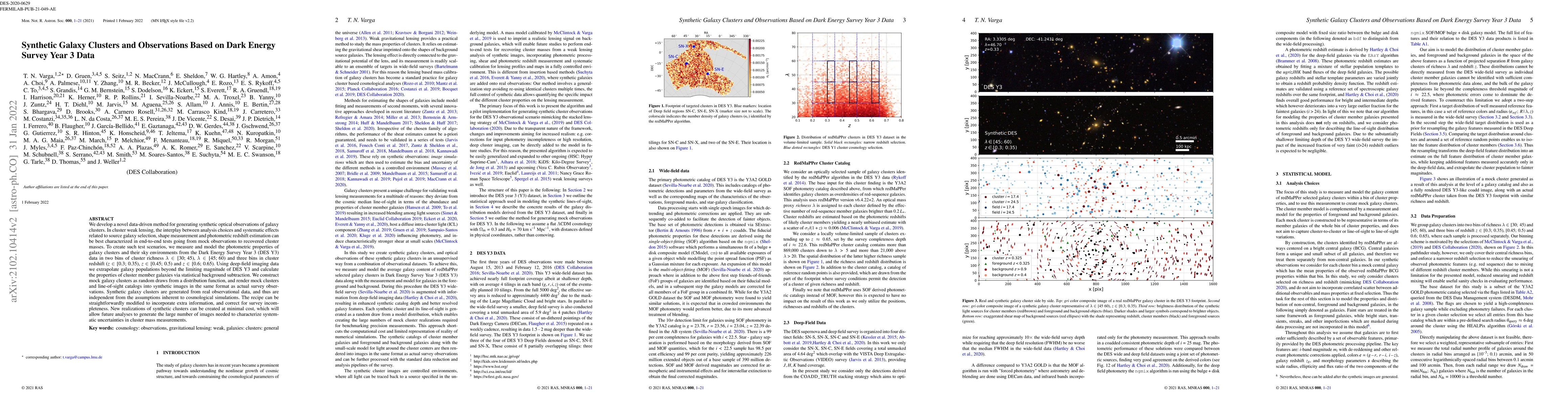 Thumbnail for Synthetic Galaxy Clusters and Observations Based on Dark Energy Survey
  Year 3 Data