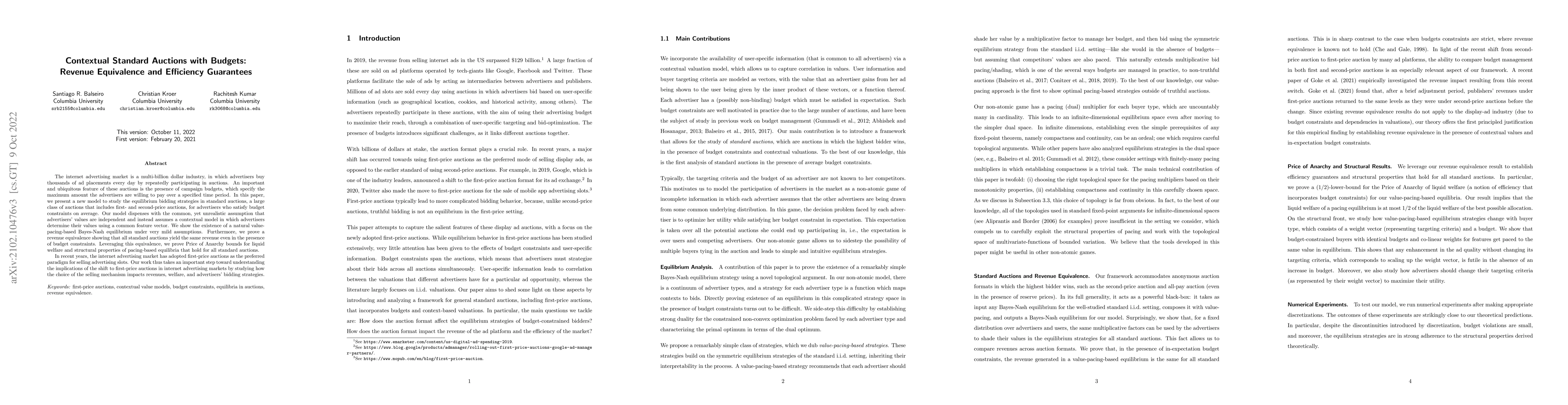 Thumbnail for Contextual Standard Auctions with Budgets: Revenue Equivalence and
  Efficiency Guarantees