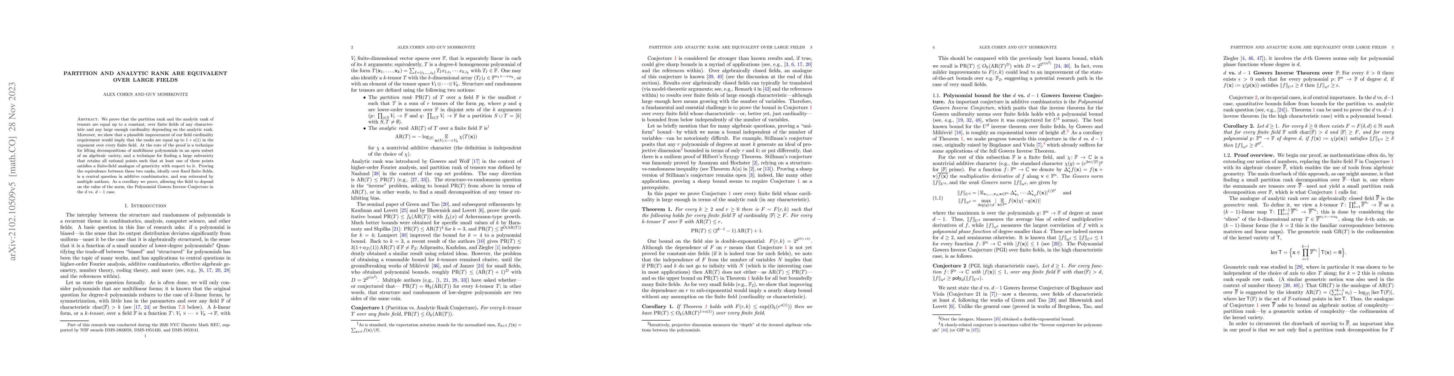 Thumbnail for Partition and Analytic Rank are Equivalent over Large Fields