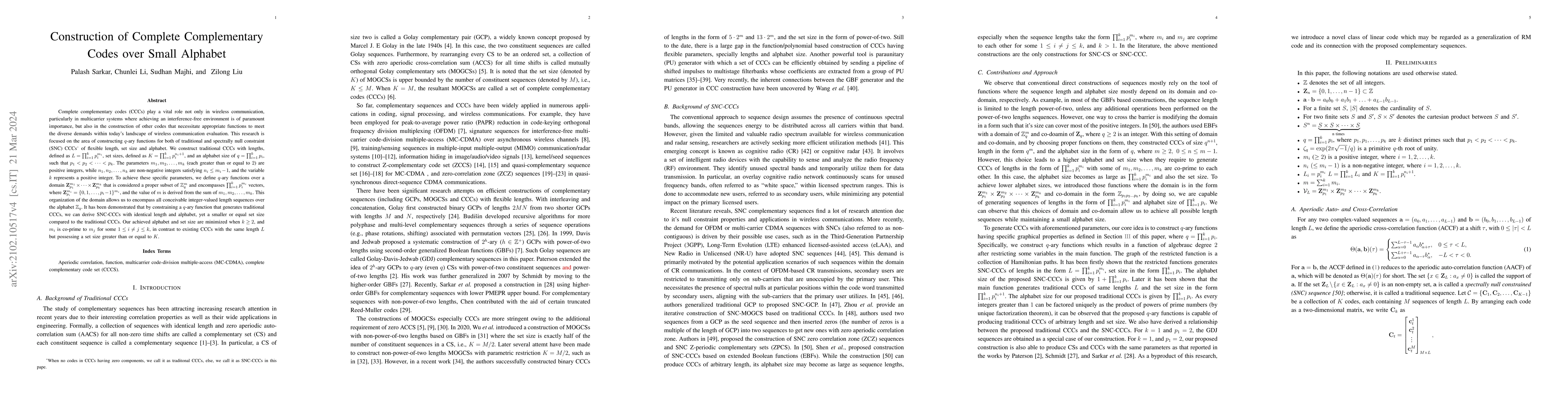 Thumbnail for Construction of Complete Complementary Codes over Small Alphabet