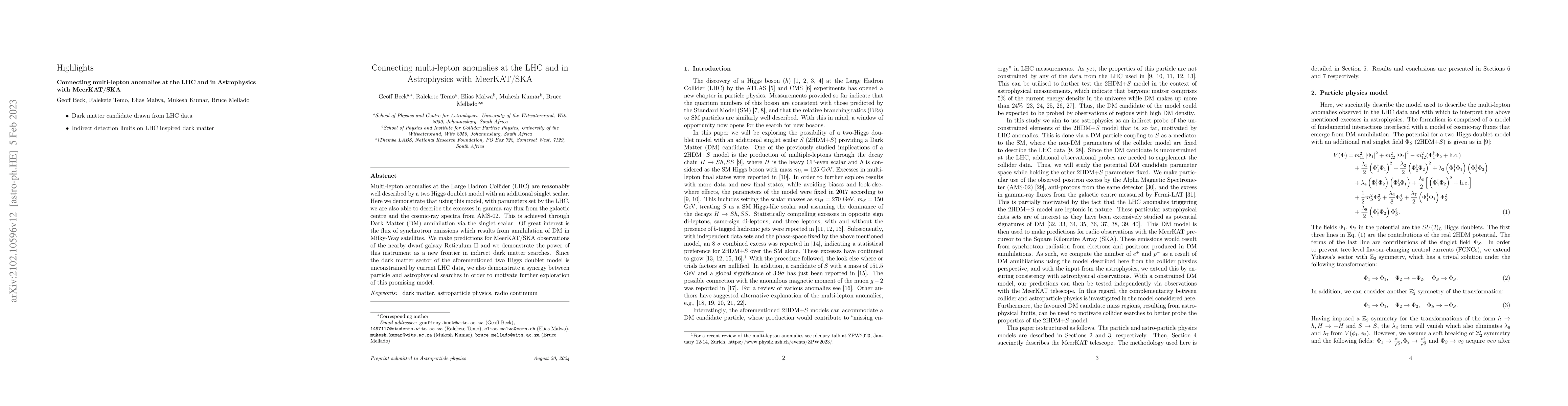 Thumbnail for Connecting multi-lepton anomalies at the LHC and in Astrophysics with
  MeerKAT/SKA