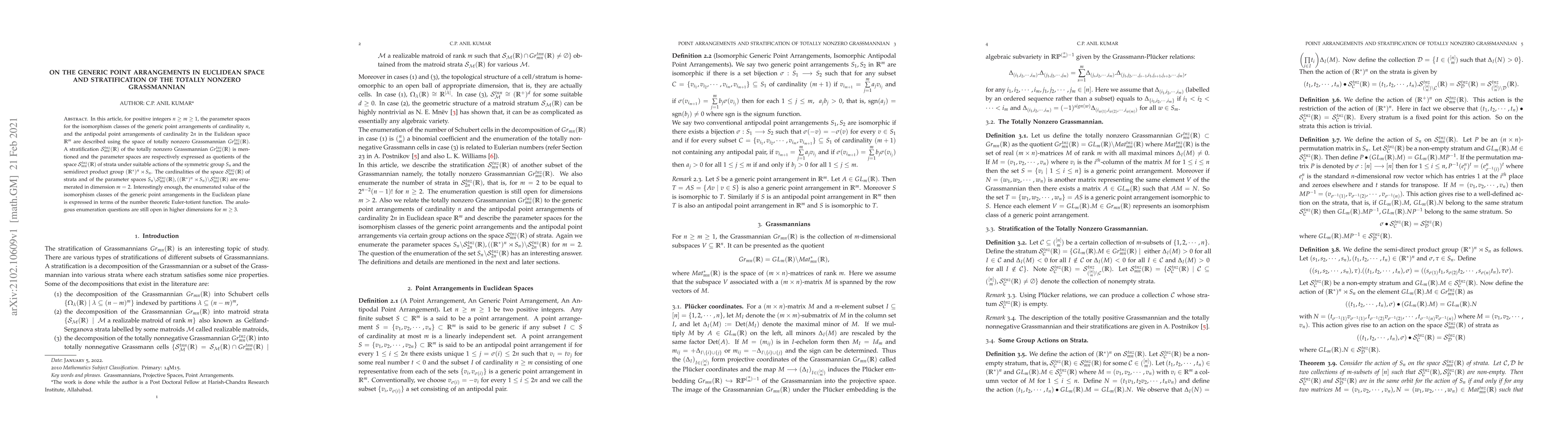 Thumbnail for On the Generic Point Arrangements in Euclidean Space and Stratification
  of the Totally Nonzero Grassmannian
