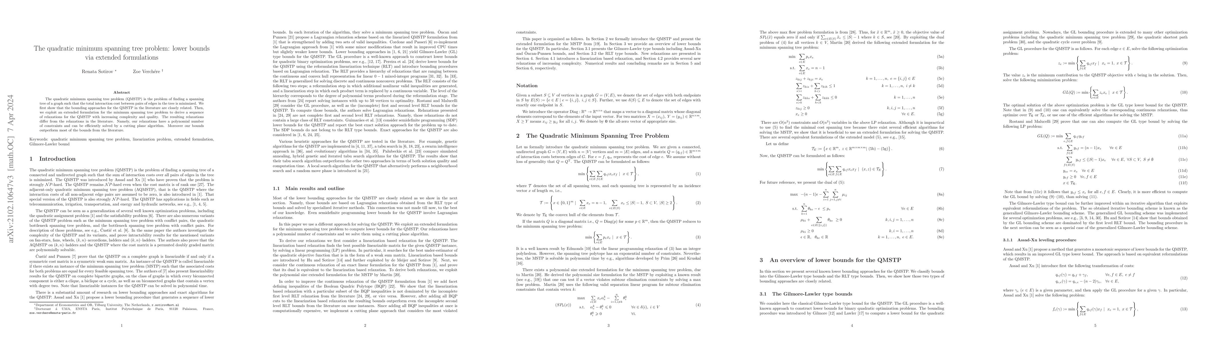 Thumbnail for The quadratic minimum spanning tree problem: lower bounds via extended
  formulations