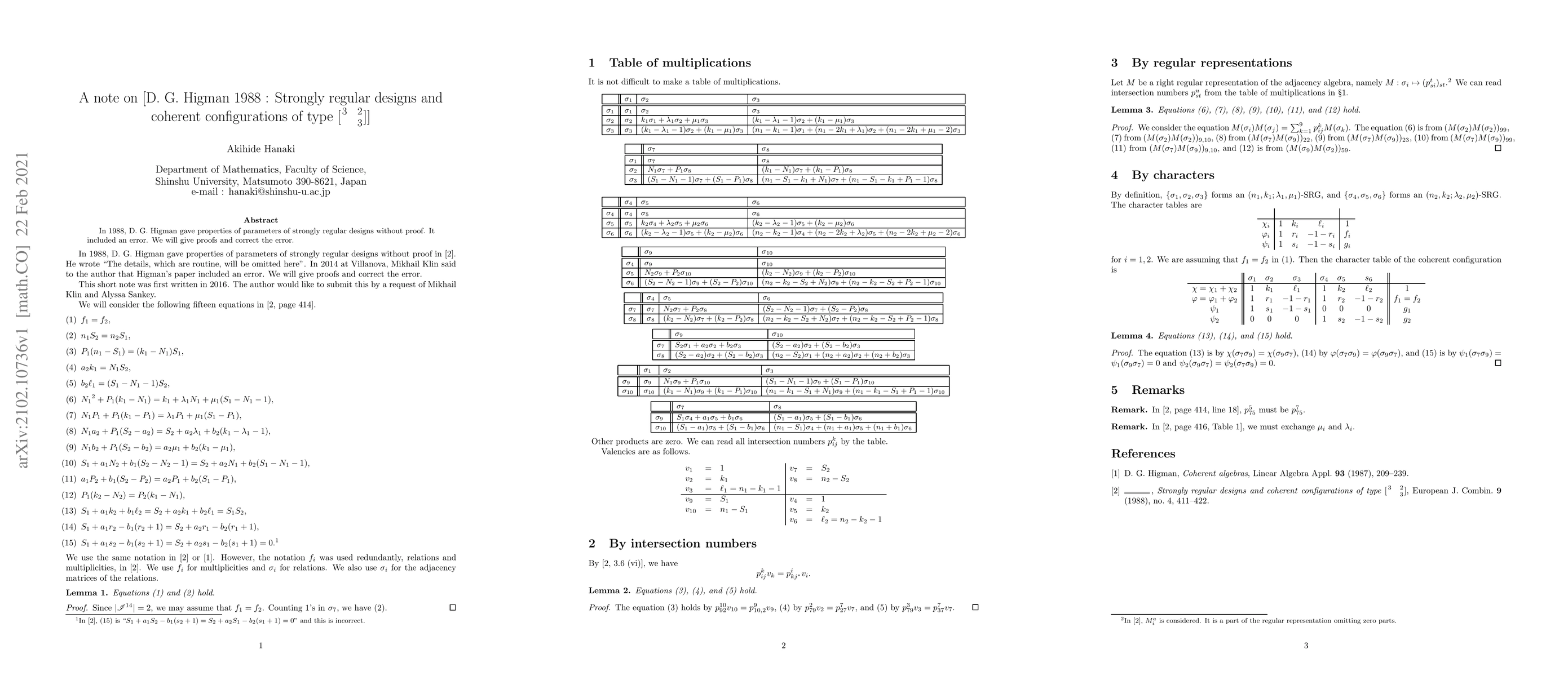 Thumbnail for A note on [D. G. Higman 1988 : Strongly regular designs and coherent
  configurations of type $[{3\atop {\;}}\;\;{2\atop 3}]$]