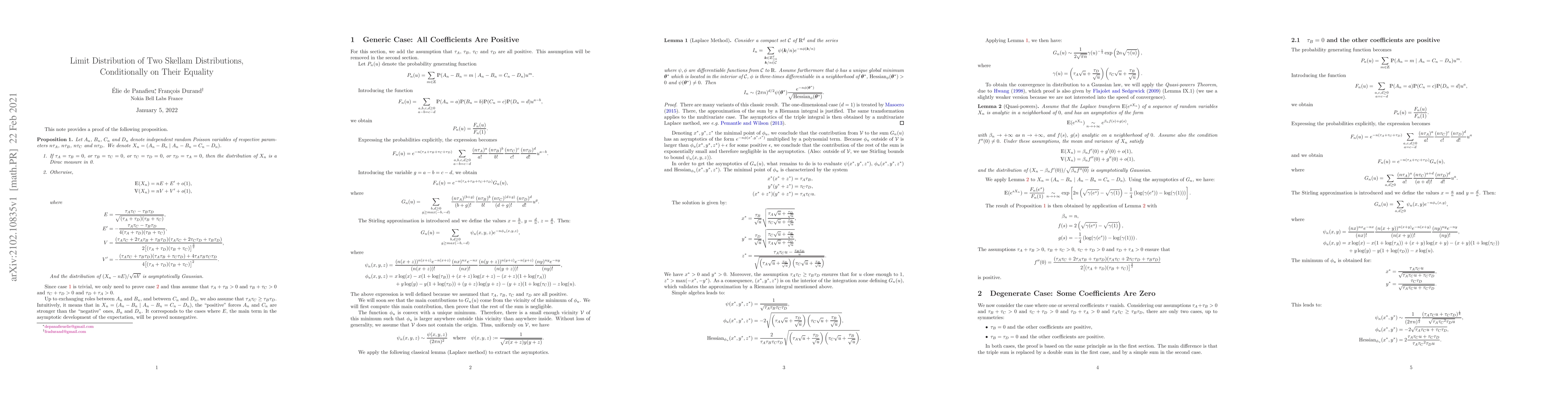 Thumbnail for Limit Distribution of Two Skellam Distributions, Conditionally on Their
  Equality