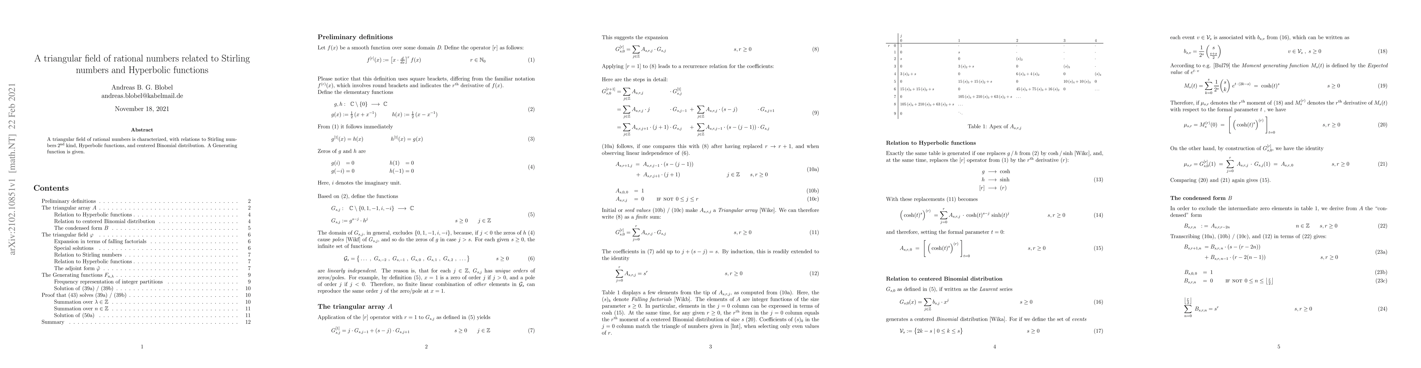 Thumbnail for A triangular field of rational numbers related to Stirling numbers and
  Hyperbolic functions