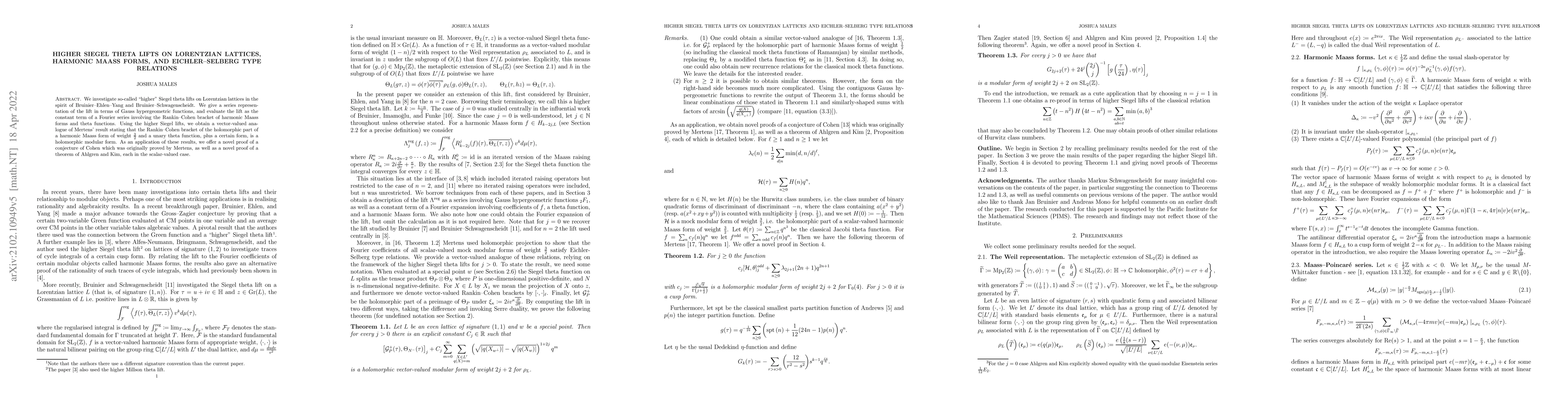 Thumbnail for Higher Siegel theta lifts on Lorentzian lattices, harmonic Maass forms,
  and Eichler-Selberg type relations