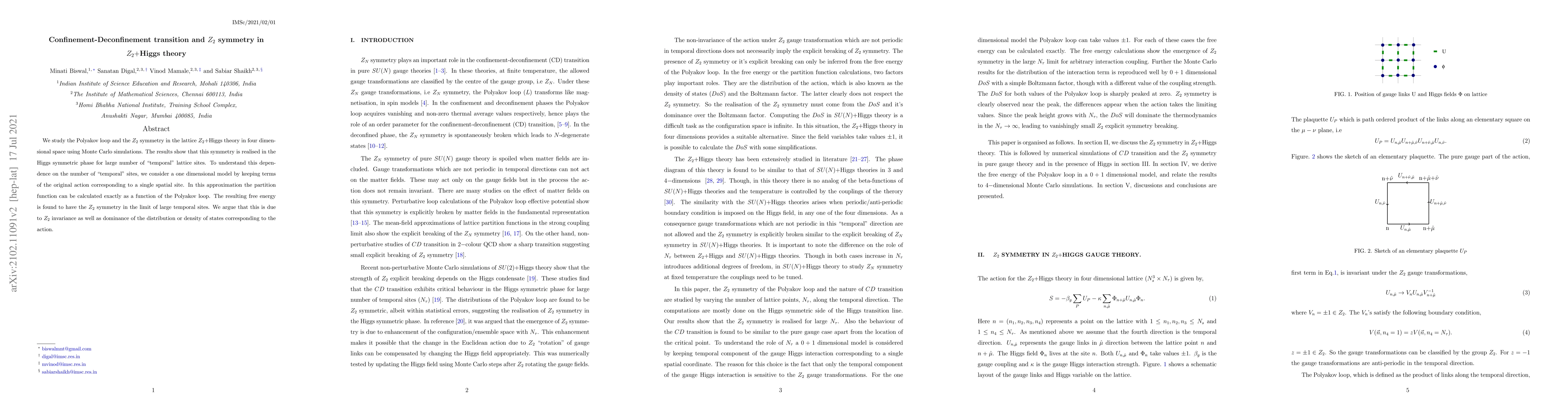 Thumbnail for Confinement-Deconfinement transition and $Z_2$ symmetry in $Z_2+$Higgs
  theory
