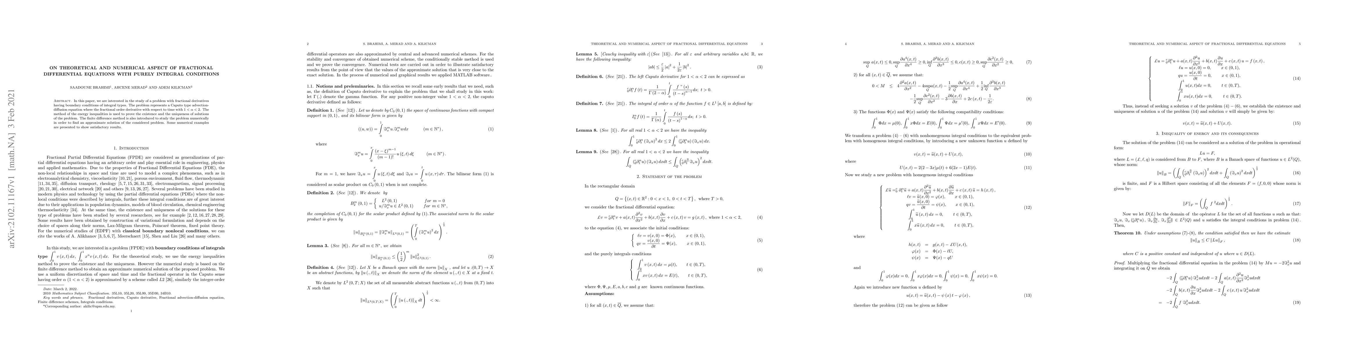 Thumbnail for On Theoretical and Numerical Aspect of Fractional Differential Equations
  with Purely Integral Conditions
