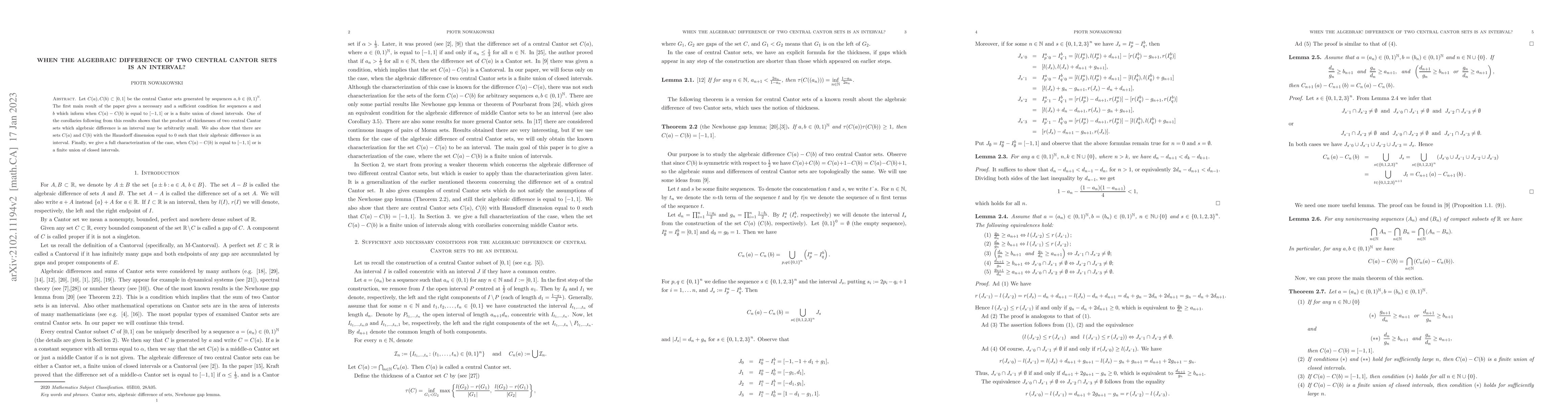 Thumbnail for When the algebraic difference of two central Cantor sets is an interval?