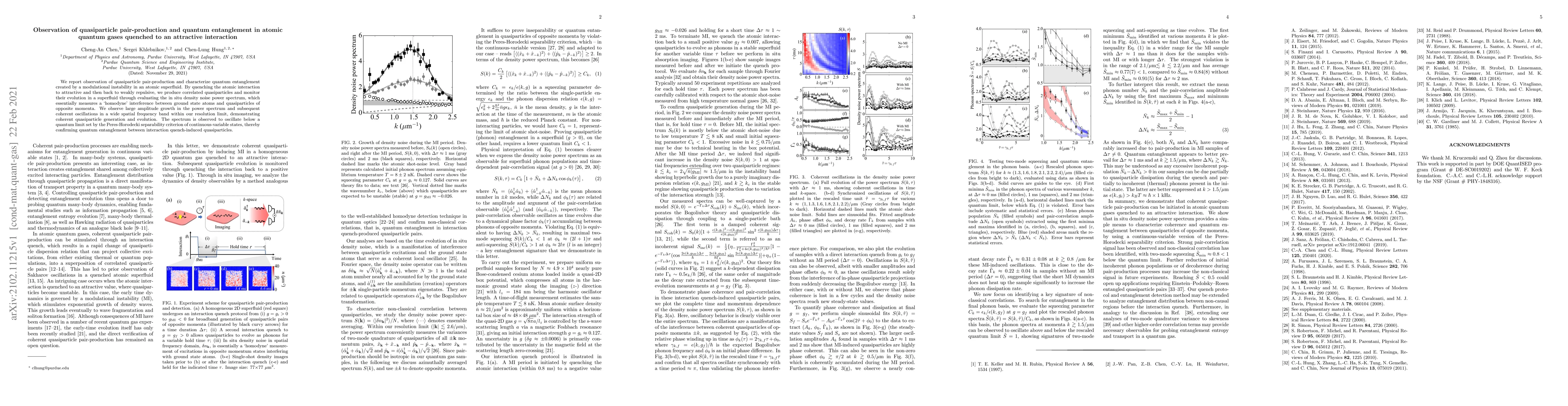 Thumbnail for Observation of quasiparticle pair-production and quantum entanglement in
  atomic quantum gases quenched to an attractive interaction