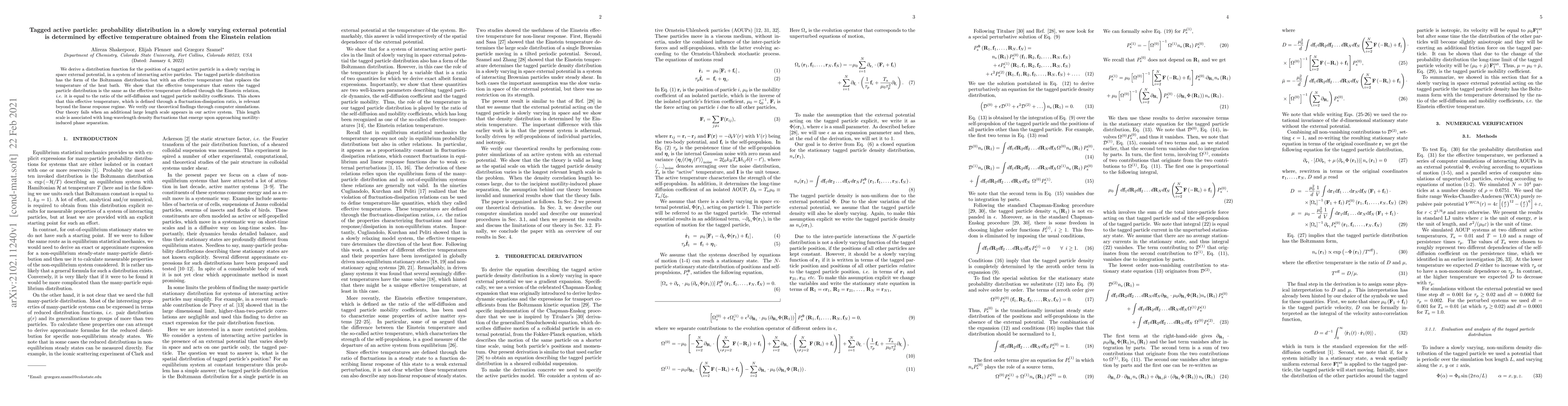 Thumbnail for Tagged active particle: probability distribution in a slowly varying
  external potential is determined by effective temperature obtained from the
  Einstein relation