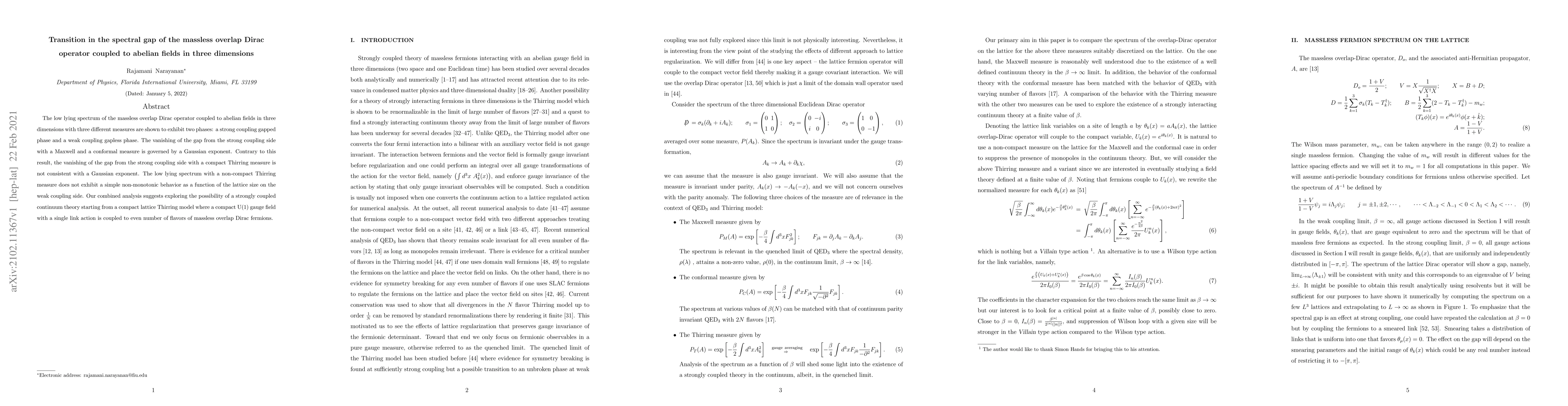 Thumbnail for Transition in the spectral gap of the massless overlap Dirac operator
  coupled to abelian fields in three dimensions