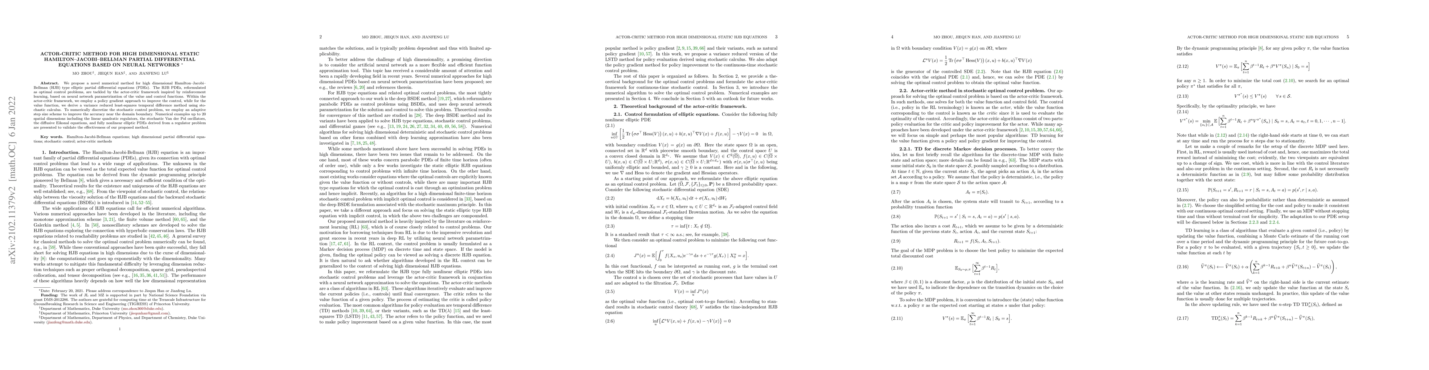 Thumbnail for Actor-Critic Method for High Dimensional Static
  Hamilton--Jacobi--Bellman Partial Differential Equations based on Neural
  Networks