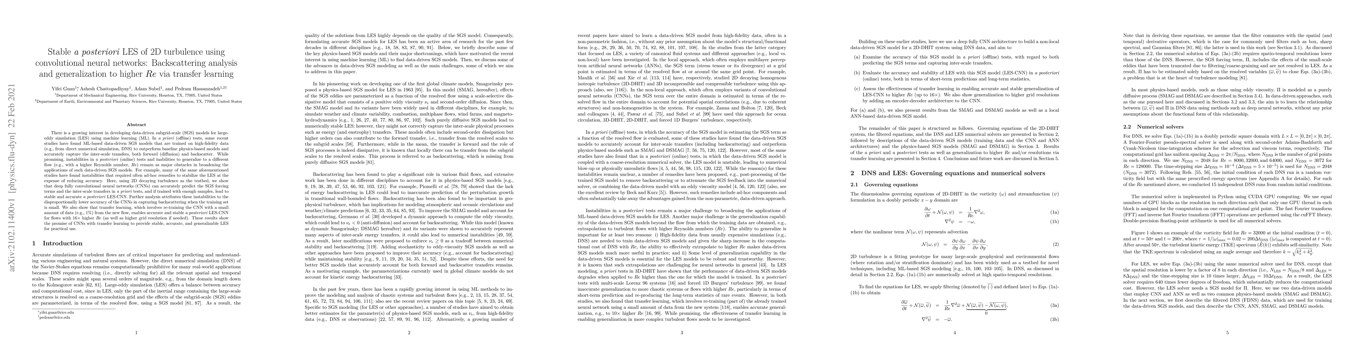 Thumbnail for Stable a posteriori LES of 2D turbulence using convolutional neural
  networks: Backscattering analysis and generalization to higher Re via
  transfer learning