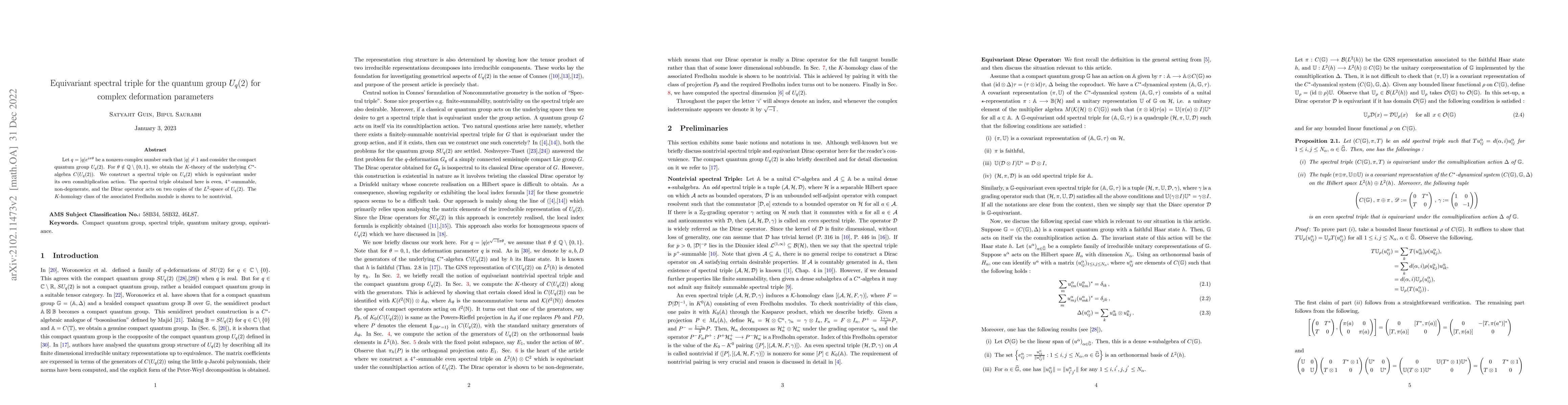 Thumbnail for Equivariant spectral triple for the quantum group $U_q(2)$ for complex
  deformation parameters