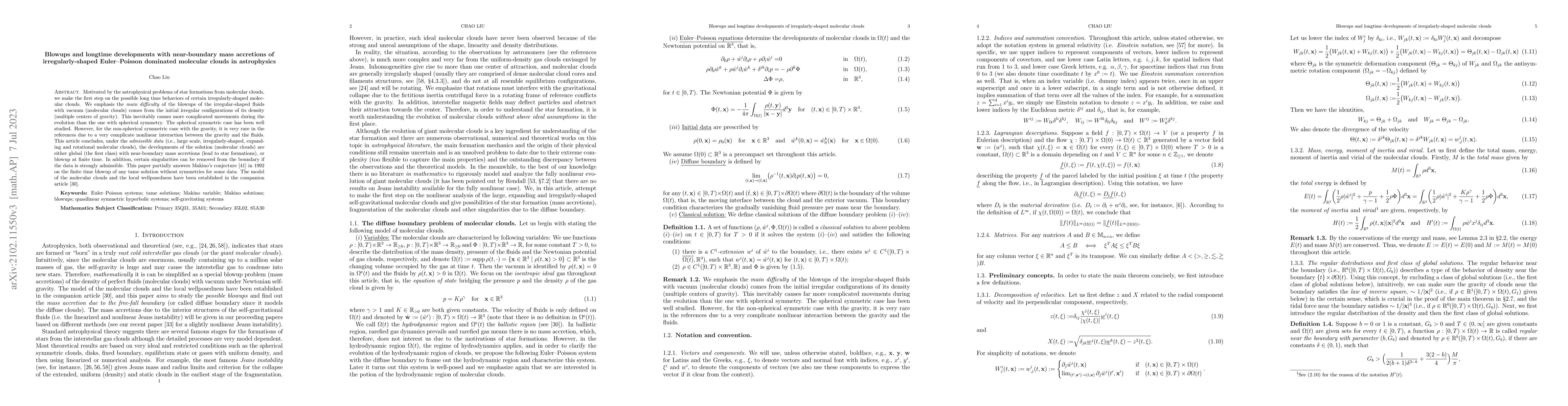 Thumbnail for Blowups and longtime developments with near-boundary mass accretions of
  irregularly-shaped Euler--Poisson dominated molecular clouds in astrophysics