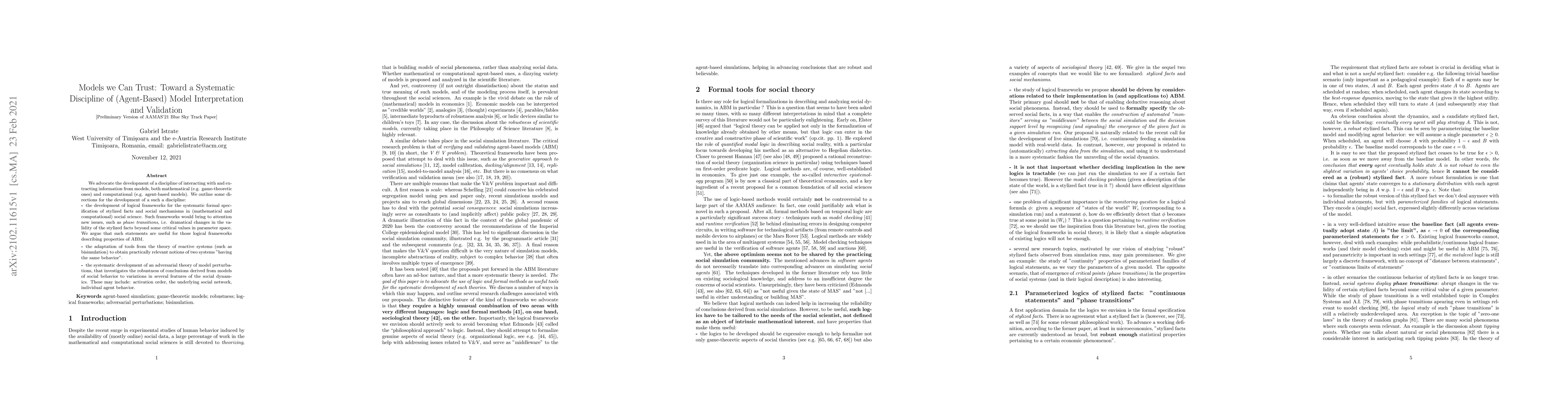 Thumbnail for Models we Can Trust: Toward a Systematic Discipline of (Agent-Based)
  Model Interpretation and Validation