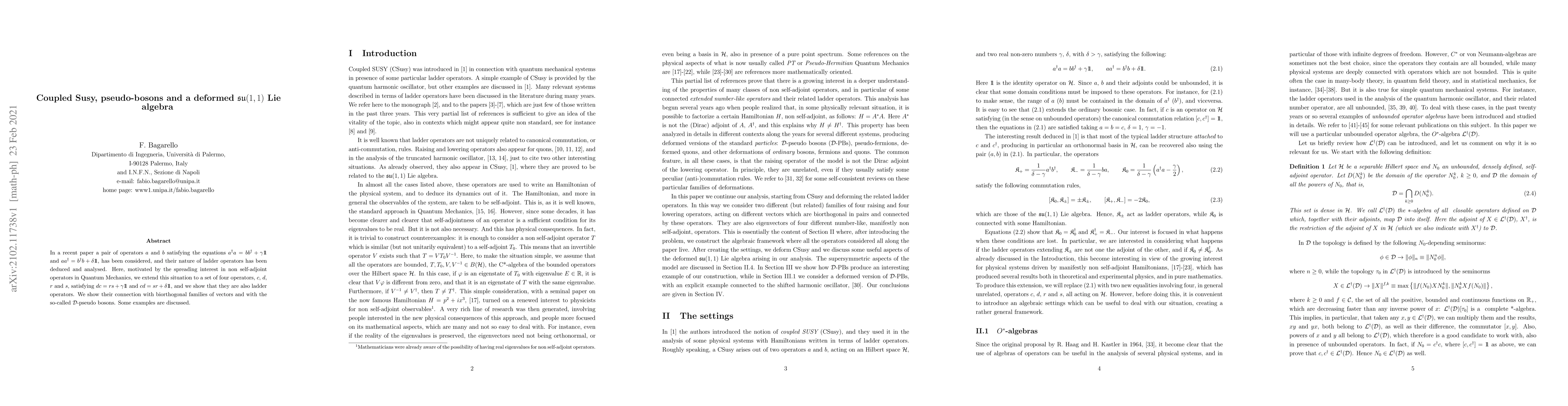 Thumbnail for Coupled Susy, pseudo-bosons and a deformed $\mathfrak{su}(1,1)$ Lie
  algebra