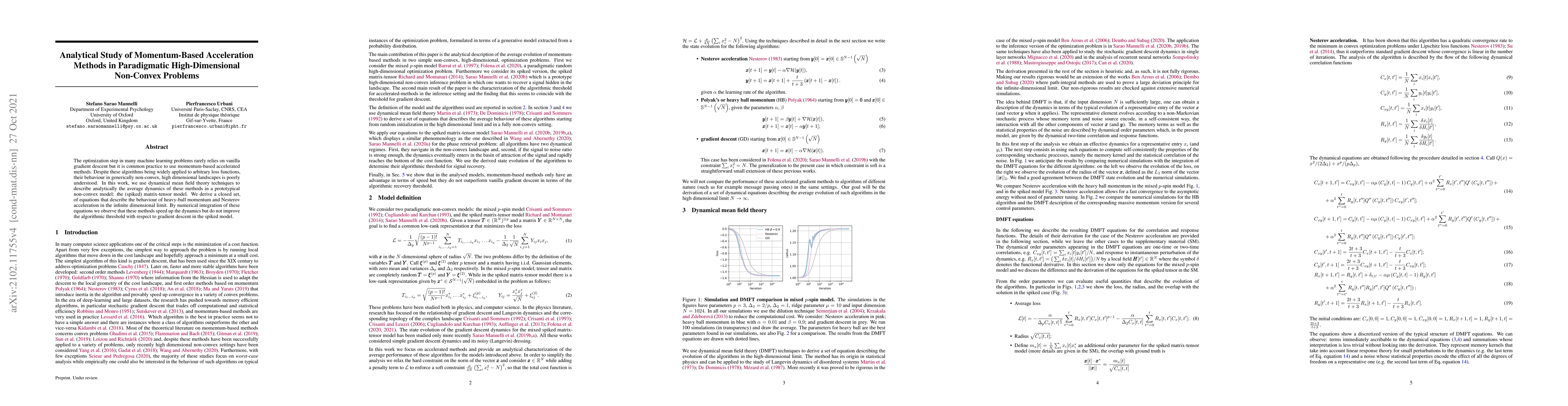 Thumbnail for Analytical Study of Momentum-Based Acceleration Methods in Paradigmatic
  High-Dimensional Non-Convex Problems