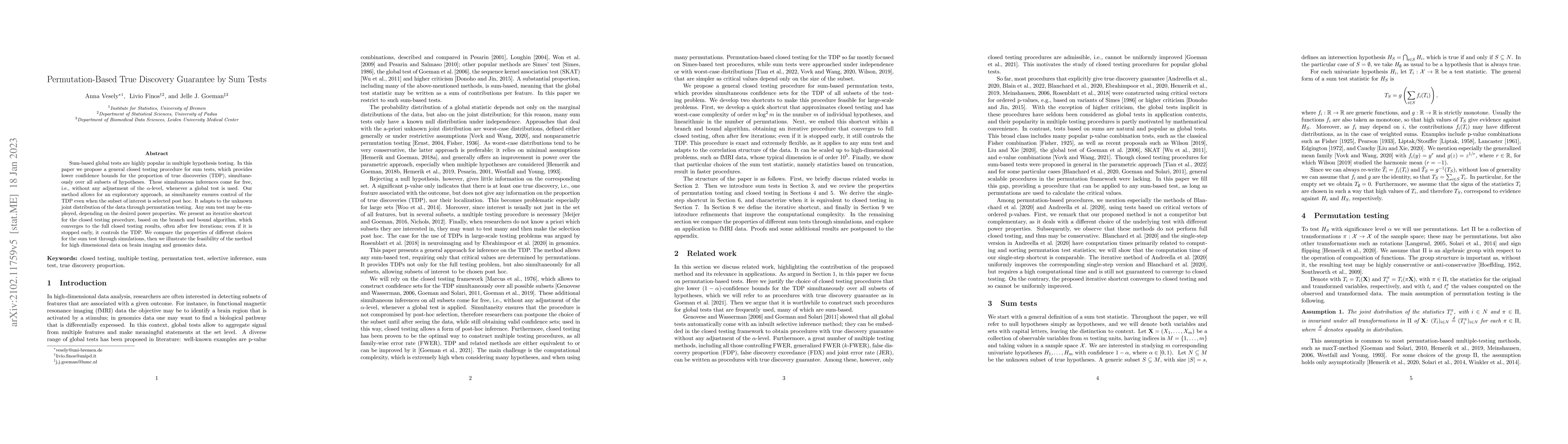 Thumbnail for Permutation-Based True Discovery Guarantee by Sum Tests