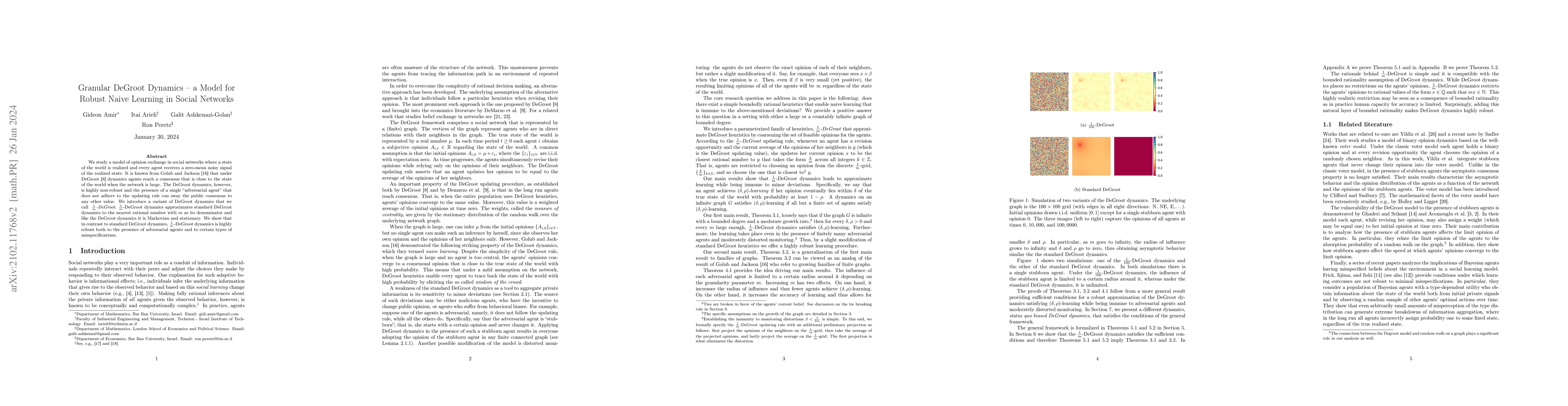 Thumbnail for Granular DeGroot Dynamics -- a Model for Robust Naive Learning in Social
  Networks