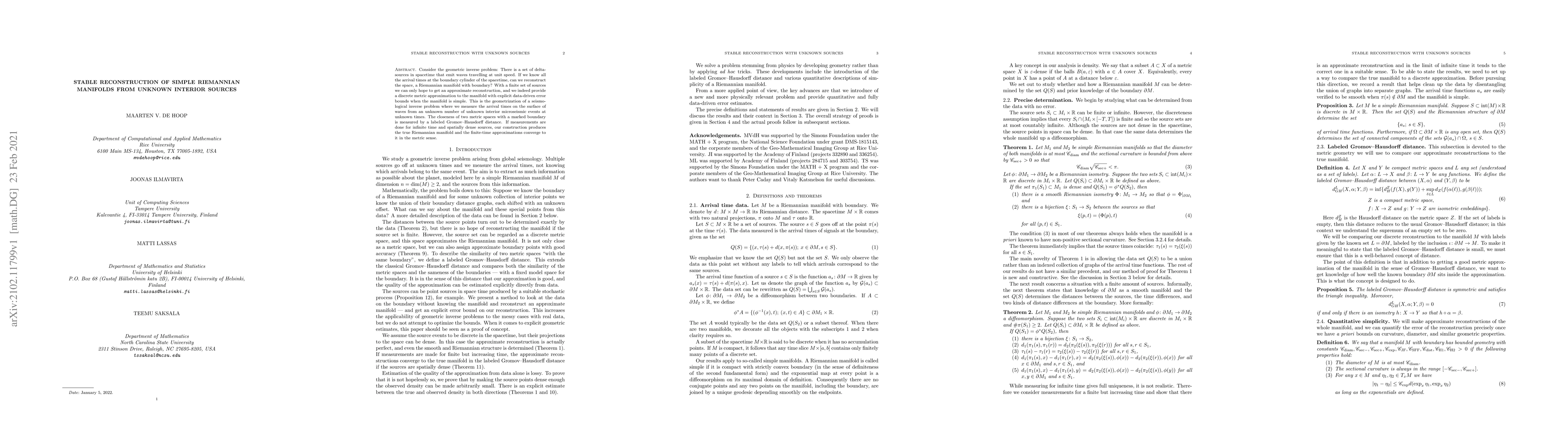 Thumbnail for Stable reconstruction of simple Riemannian manifolds from unknown
  interior sources