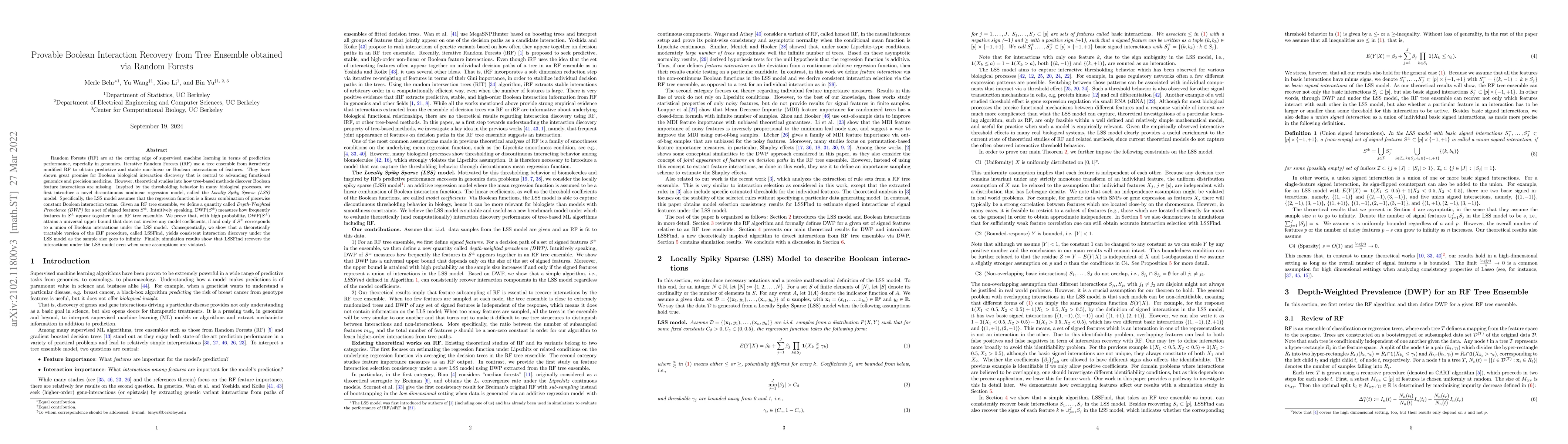 Thumbnail for Provable Boolean Interaction Recovery from Tree Ensemble obtained via
  Random Forests
