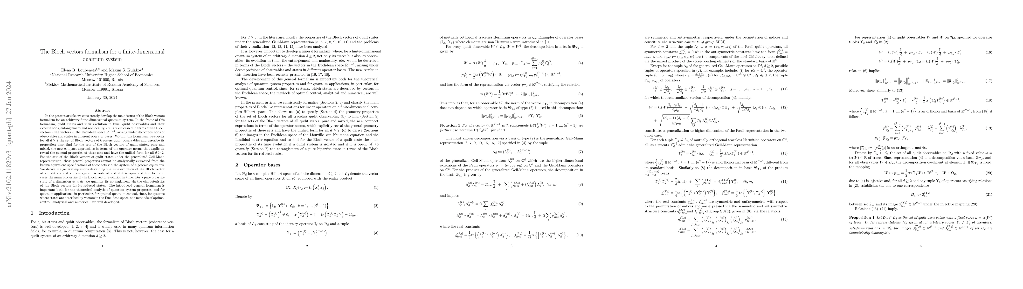 Thumbnail for The Bloch vectors formalism for a finite-dimensional quantum system