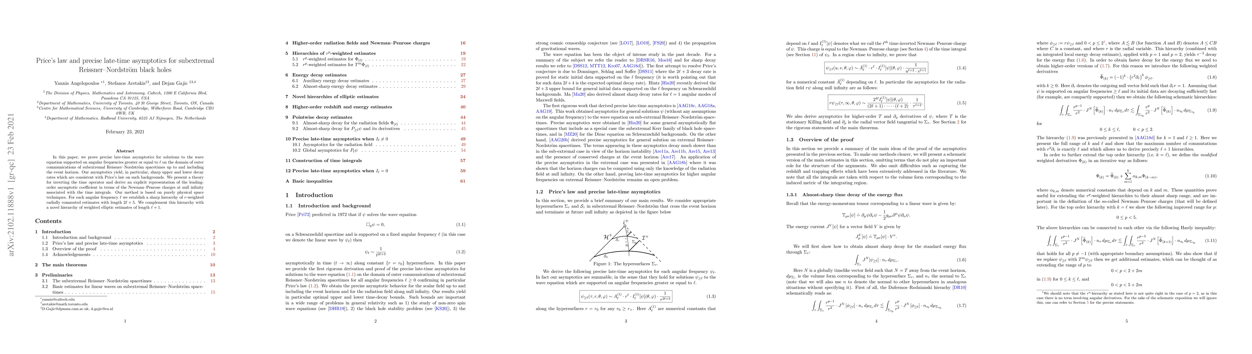 Thumbnail for Price's law and precise late-time asymptotics for subextremal
  Reissner-Nordstr\"om black holes