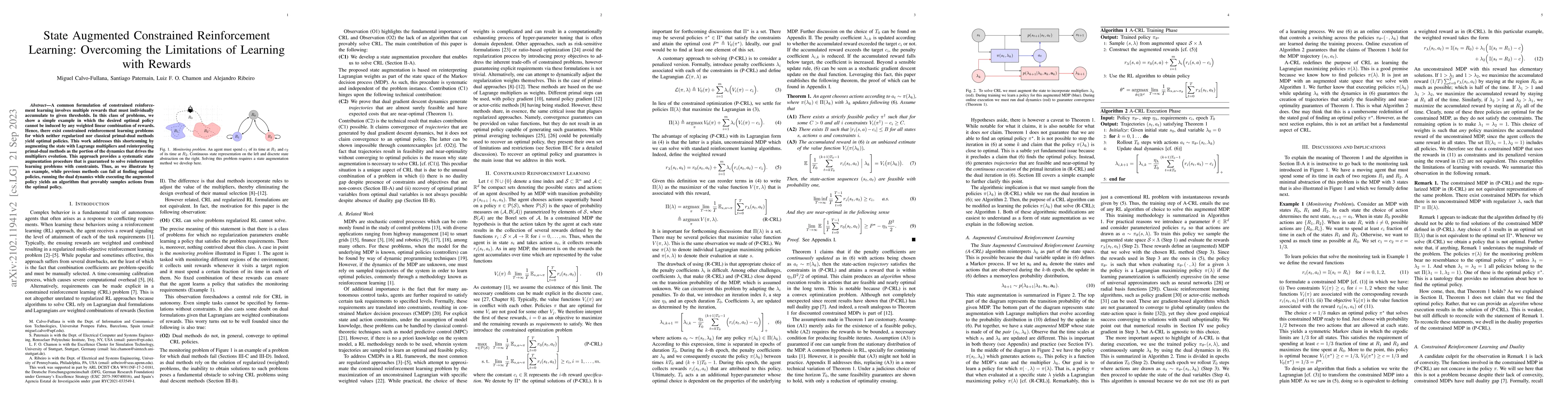 Thumbnail for State Augmented Constrained Reinforcement Learning: Overcoming the
  Limitations of Learning with Rewards