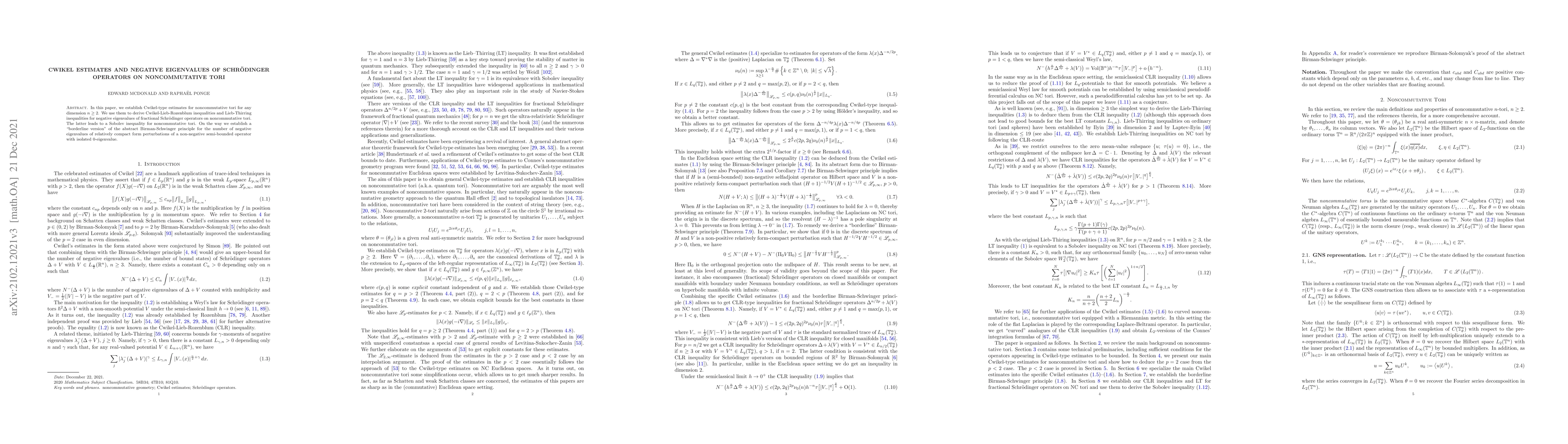 Thumbnail for Cwikel Estimates and Negative Eigenvalues of Schroedinger Operators on
  Noncommutative Tori