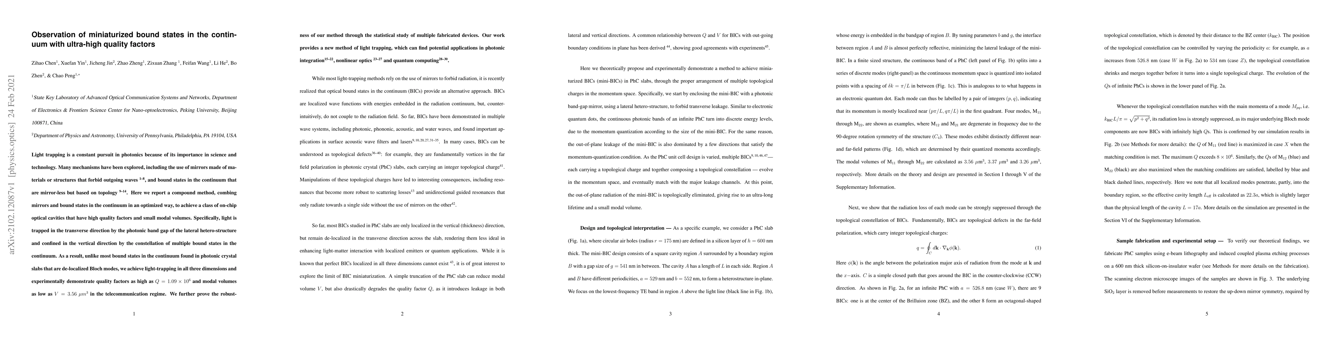 Thumbnail for Observation of miniaturized bound states in the continuum with
  ultra-high quality factors