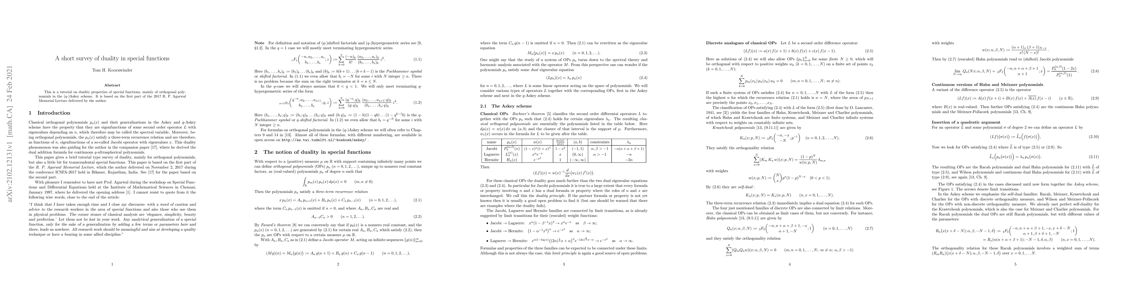 Thumbnail for A short survey of duality in special functions