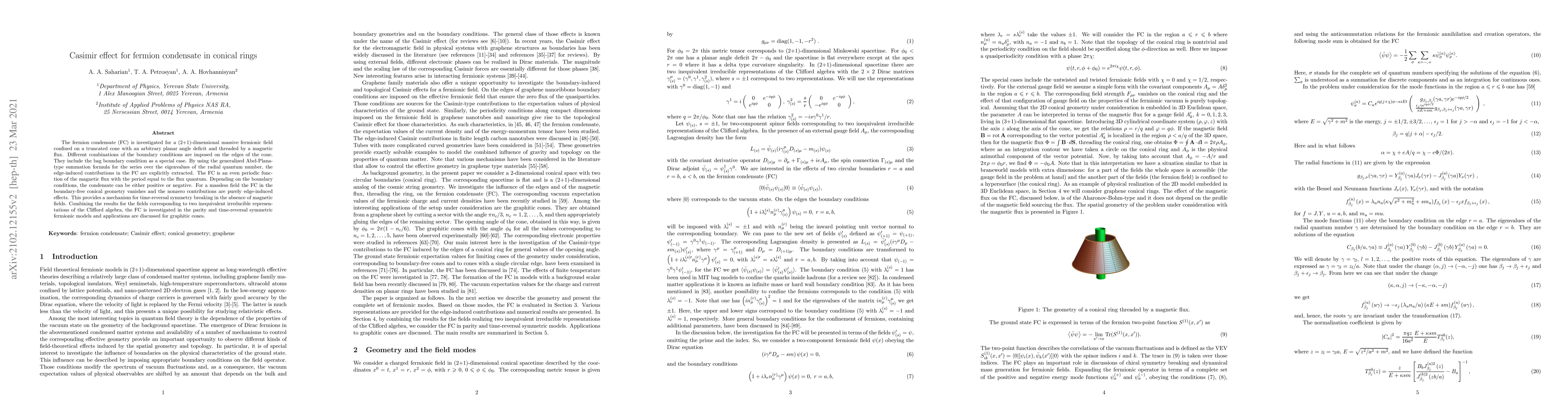 Thumbnail for Casimir effect for fermion condensate in conical rings