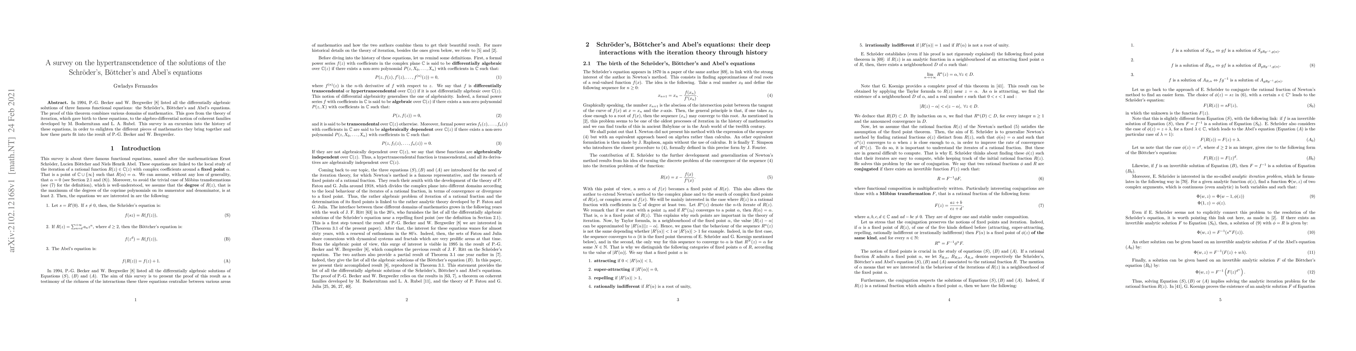 Thumbnail for A survey on the hypertranscendence of the solutions of the Schr\"oder's,
  B\"ottcher's and Abel's equations