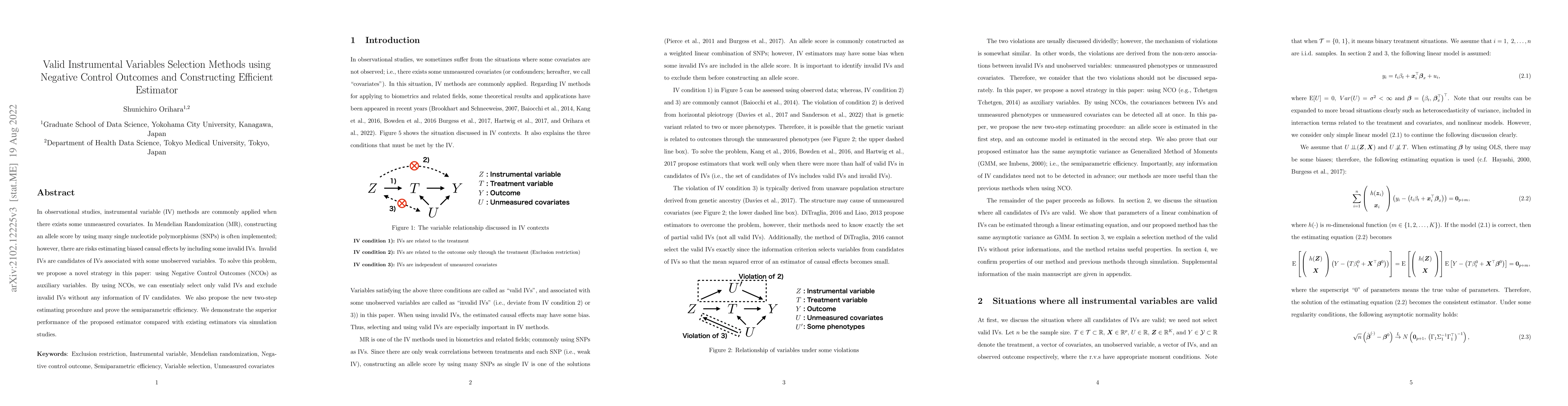 Thumbnail for Valid Instrumental Variables Selection Methods using Negative Control
  Outcomes and Constructing Efficient Estimator
