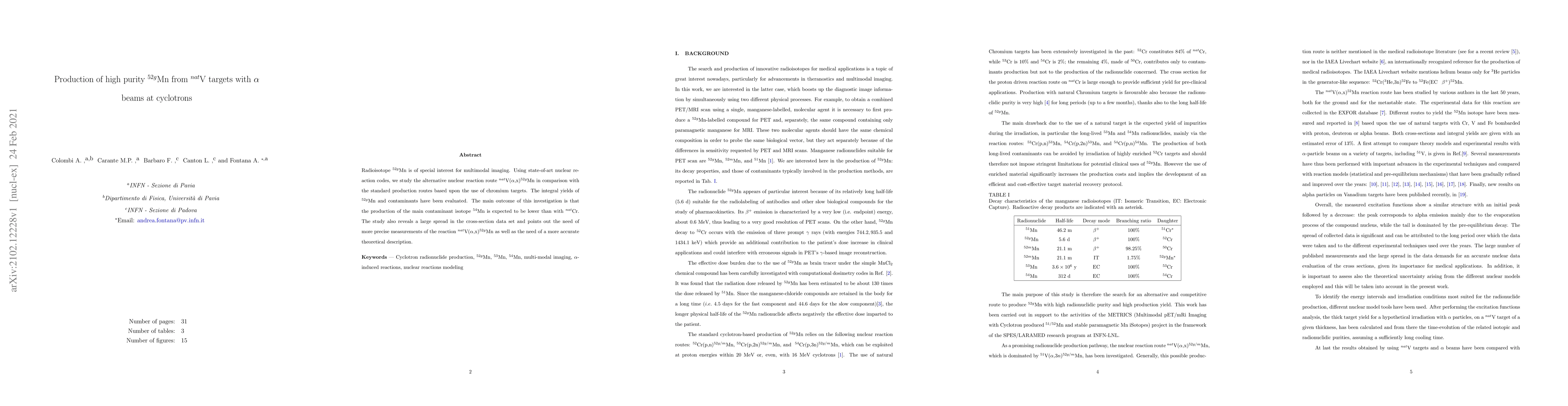 Thumbnail for Production of high purity $^{52g}$Mn from $^{nat}$V targets with
  $\alpha$-beams at cyclotrons